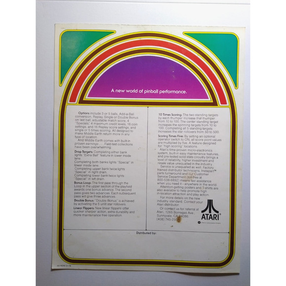 Middle Earth Pinball FLYER Original 1978 Fantasy Sci-Fi Promo Artwork Retro - Picture 4 of 6